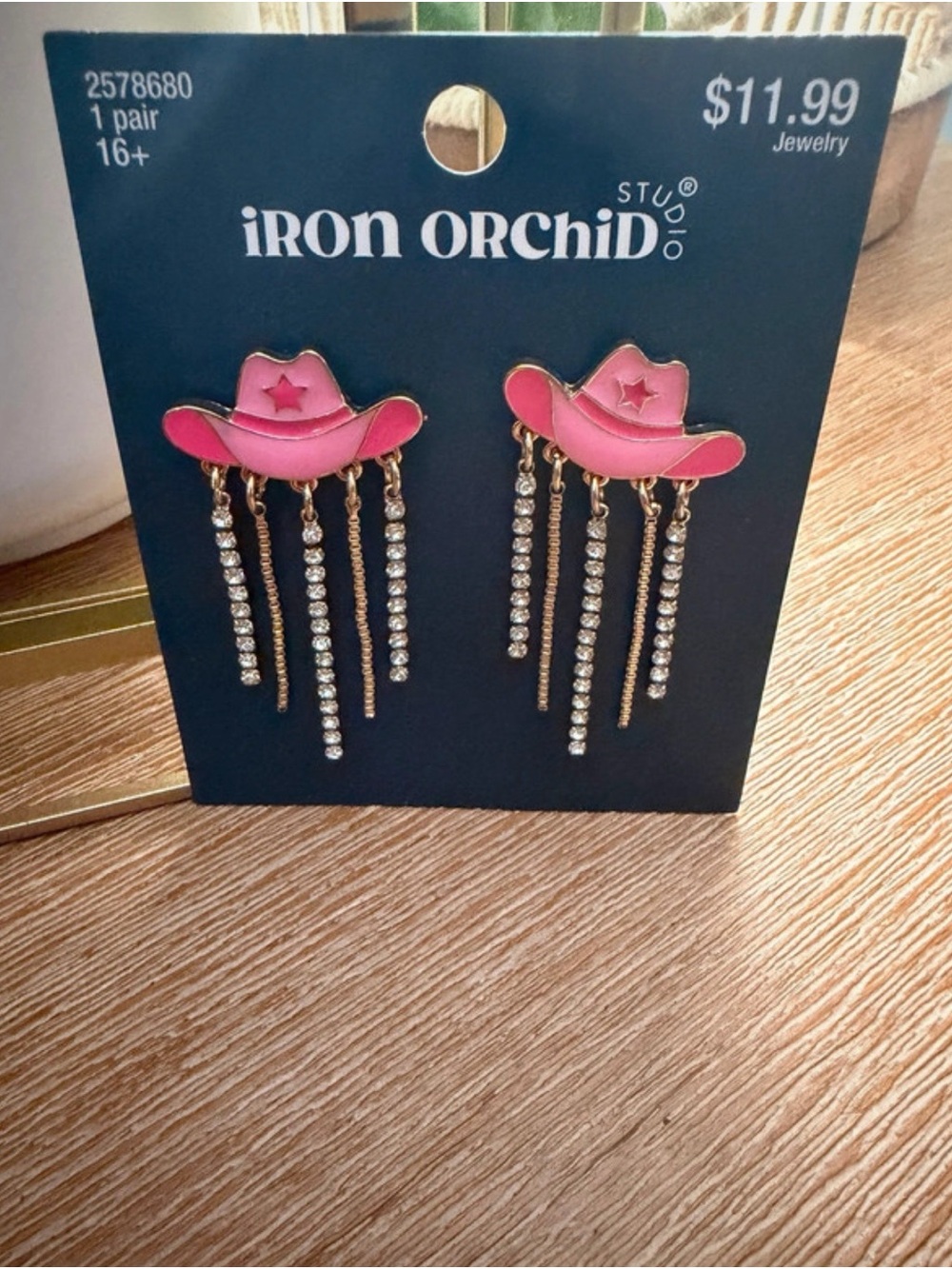 Iron Orchid Studio Pink Cowboy Hat Drop Earrings with Rhinestone Fringe